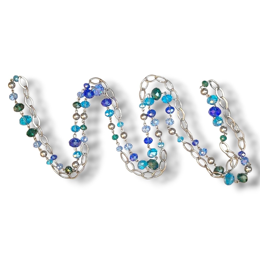 Vintage‎ 60" Blue Green Faceted Crystal Station Necklace Long Layering Chain